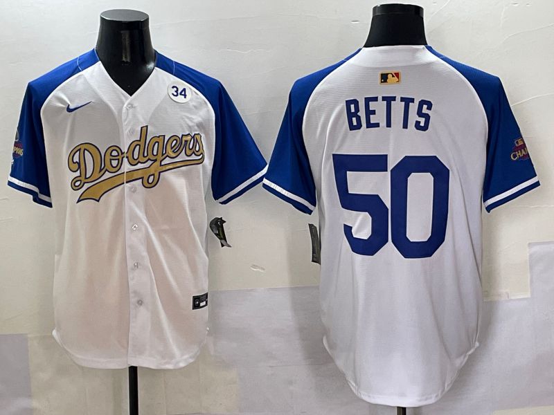 Men Los Angeles Dodgers #50 Betts White Blue Champion gold character Nike 2025 MLB Jersey style 5057